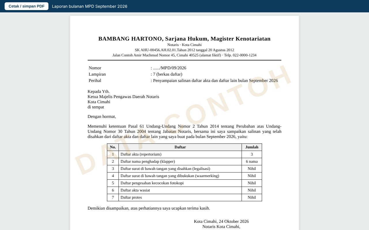 Paket laporan bulanan MPD berisi repertorium dan surat pengantar