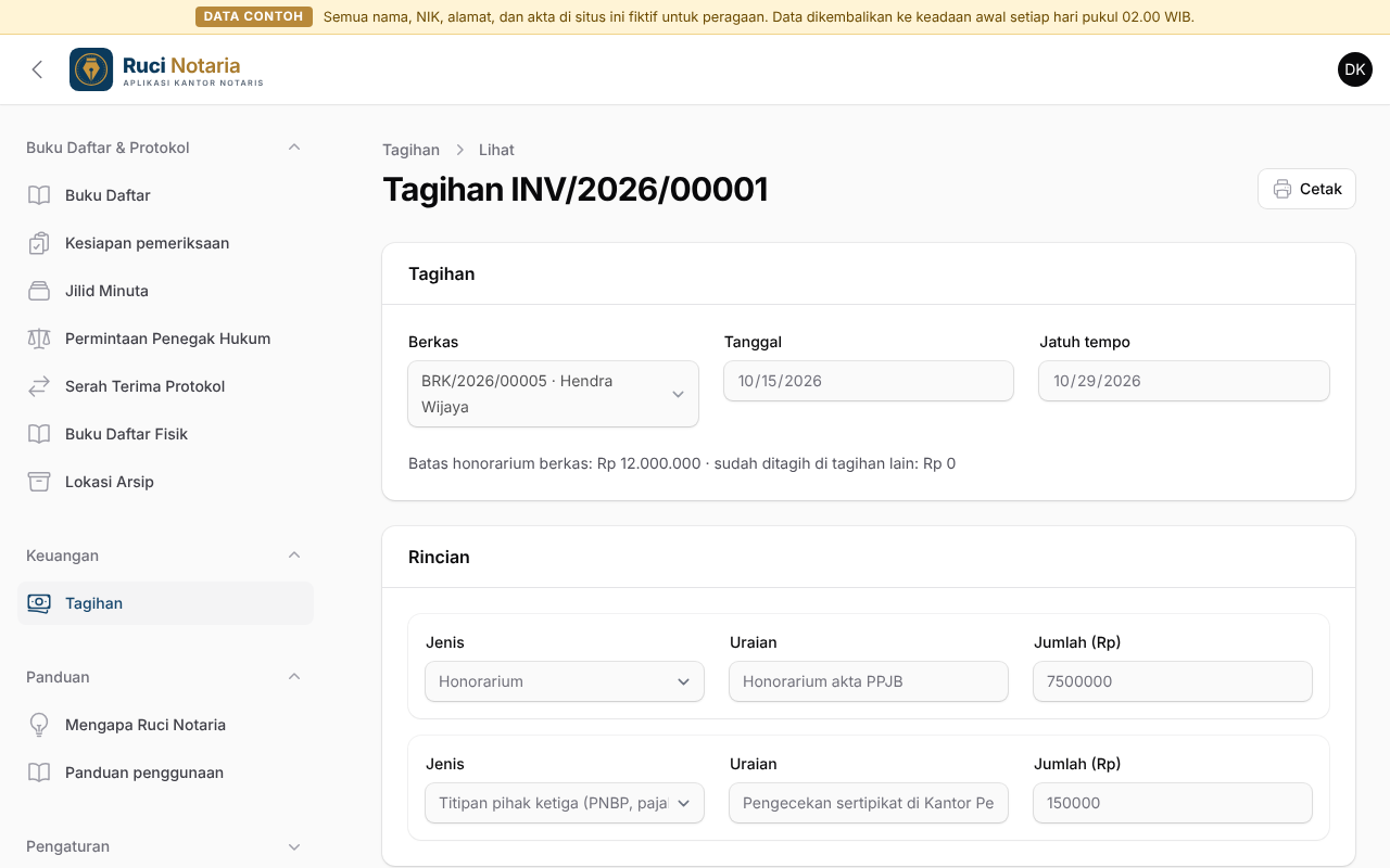 Tagihan yang memisahkan honorarium akta PPJB dari titipan pengecekan sertipikat, dengan batas honorarium berkas