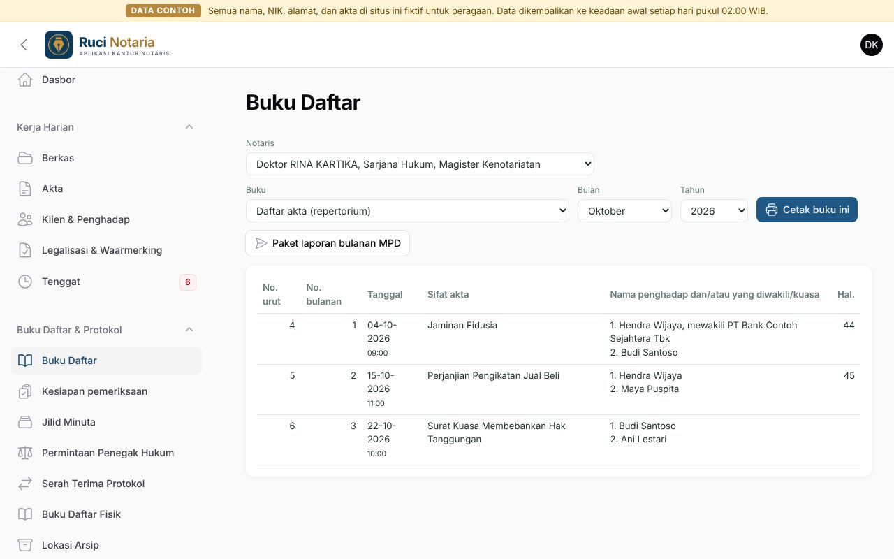 Halaman buku daftar dengan pilihan notaris, bulan, dan tab repertorium
