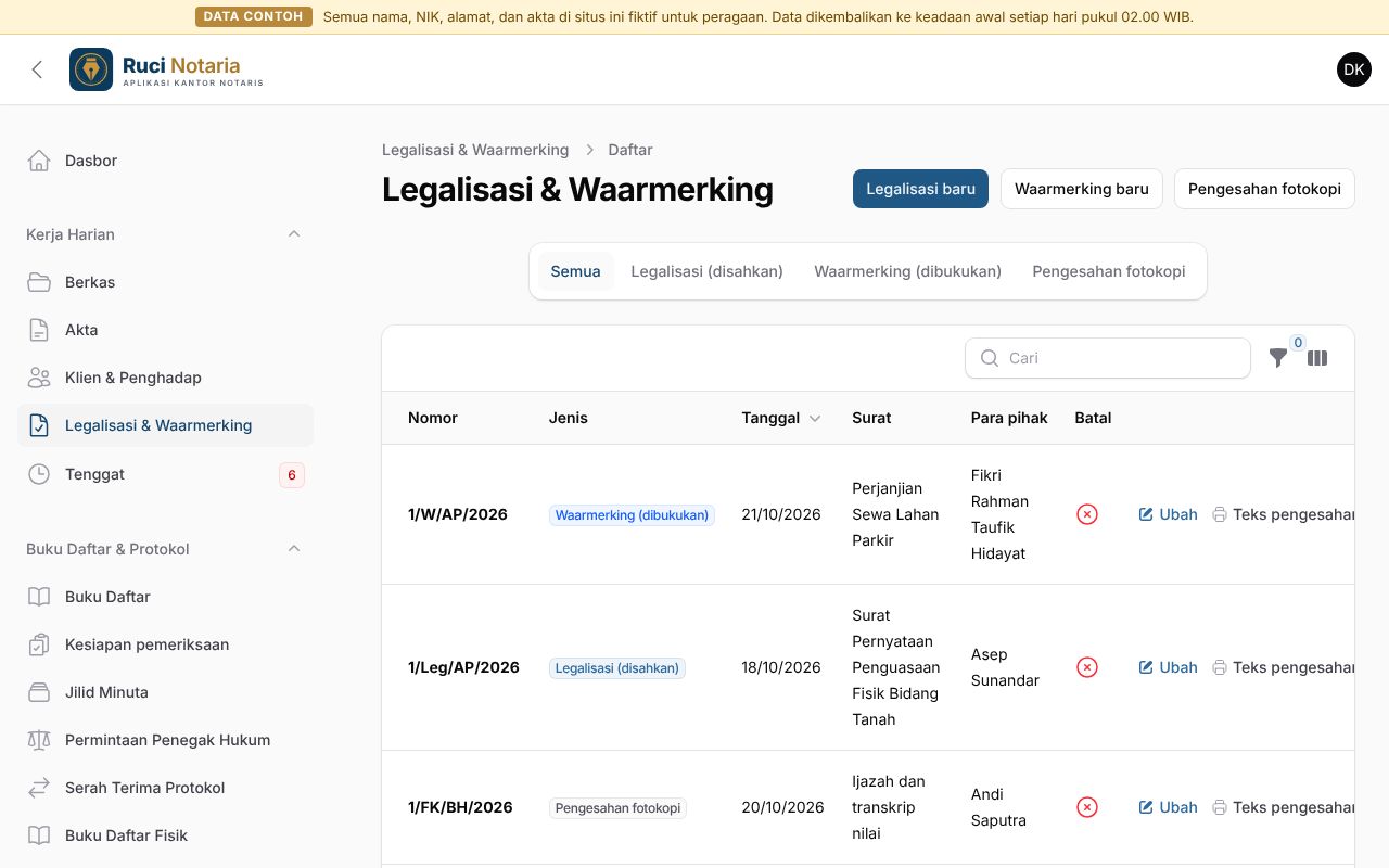 Daftar legalisasi dan waarmerking dengan nomor otomatis