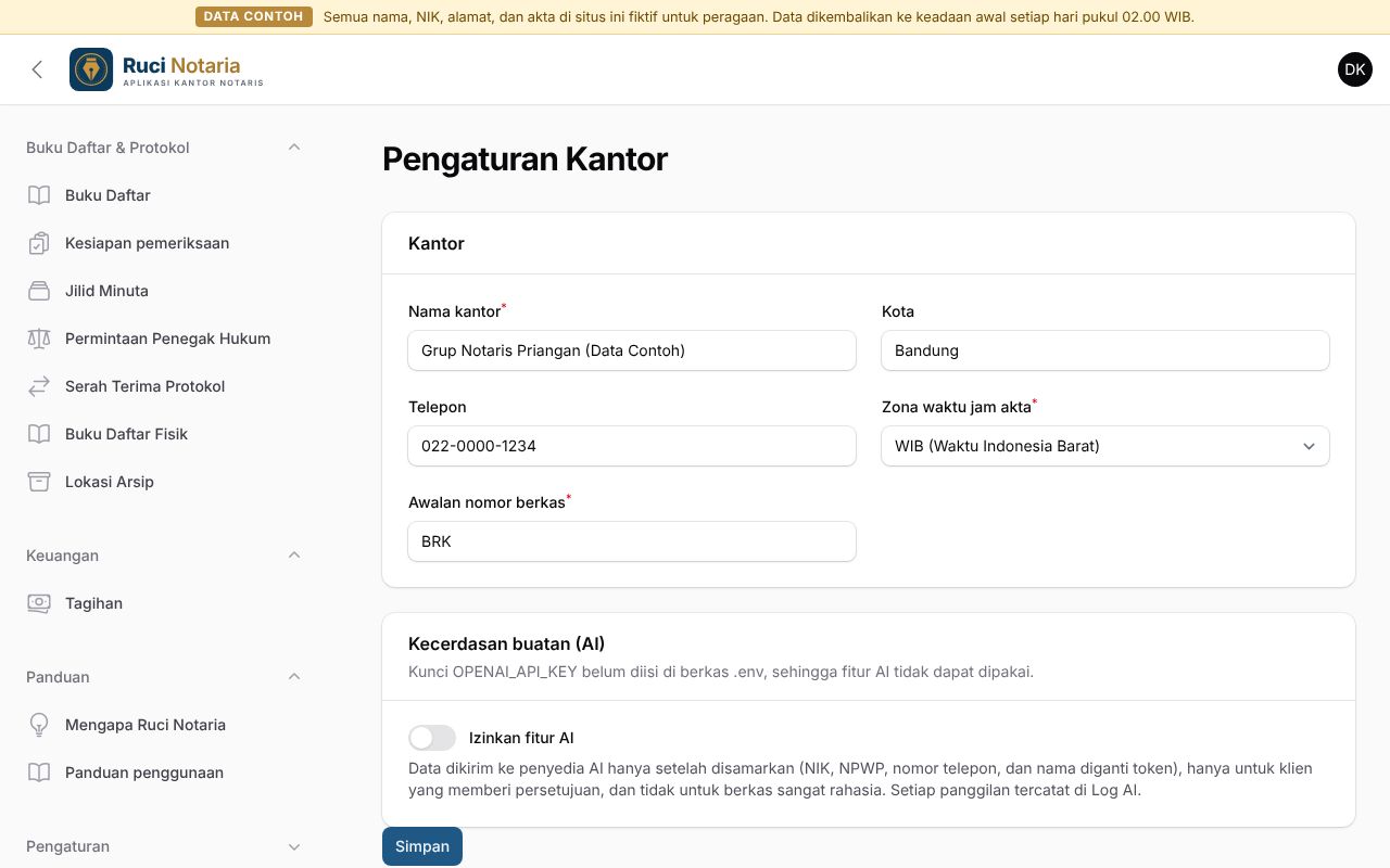 Halaman pengaturan kantor dengan bagian identitas, keamanan, dan AI