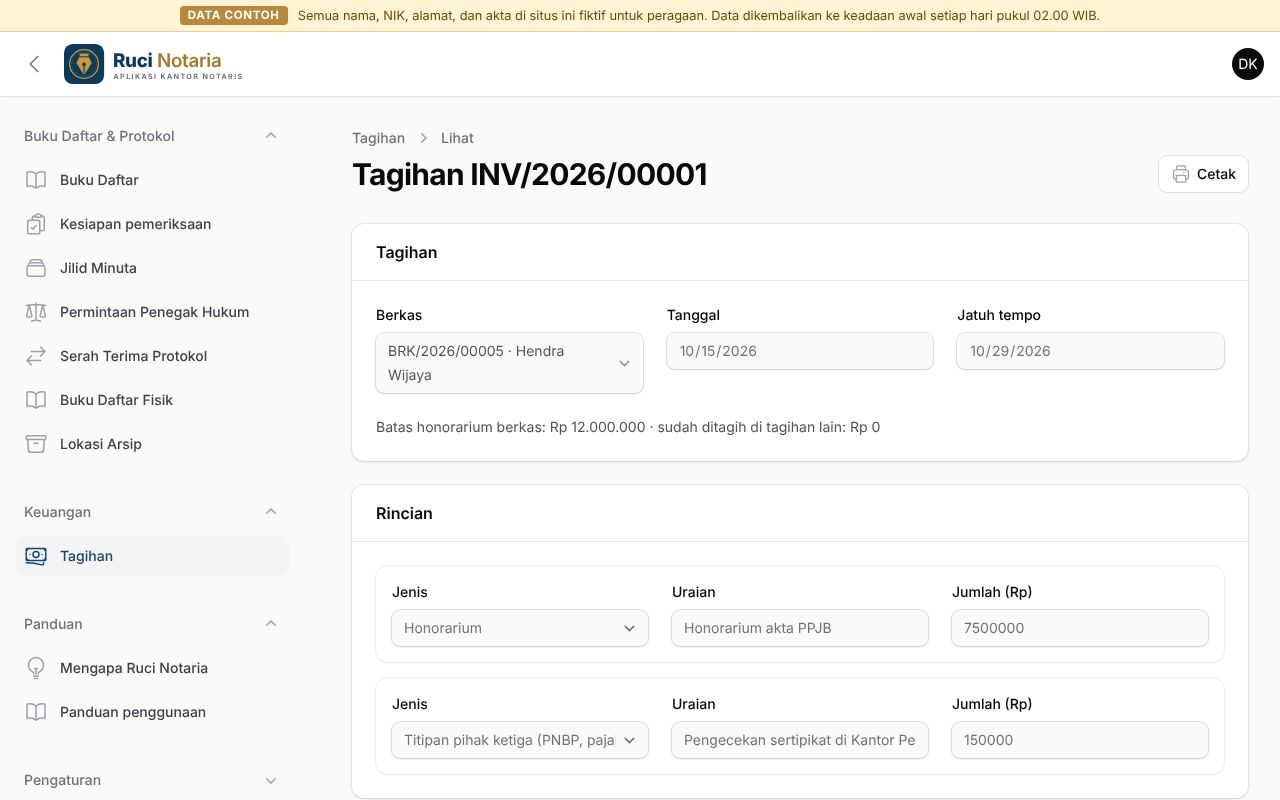 Tagihan dengan honorarium dan titipan terpisah serta riwayat pembayaran
